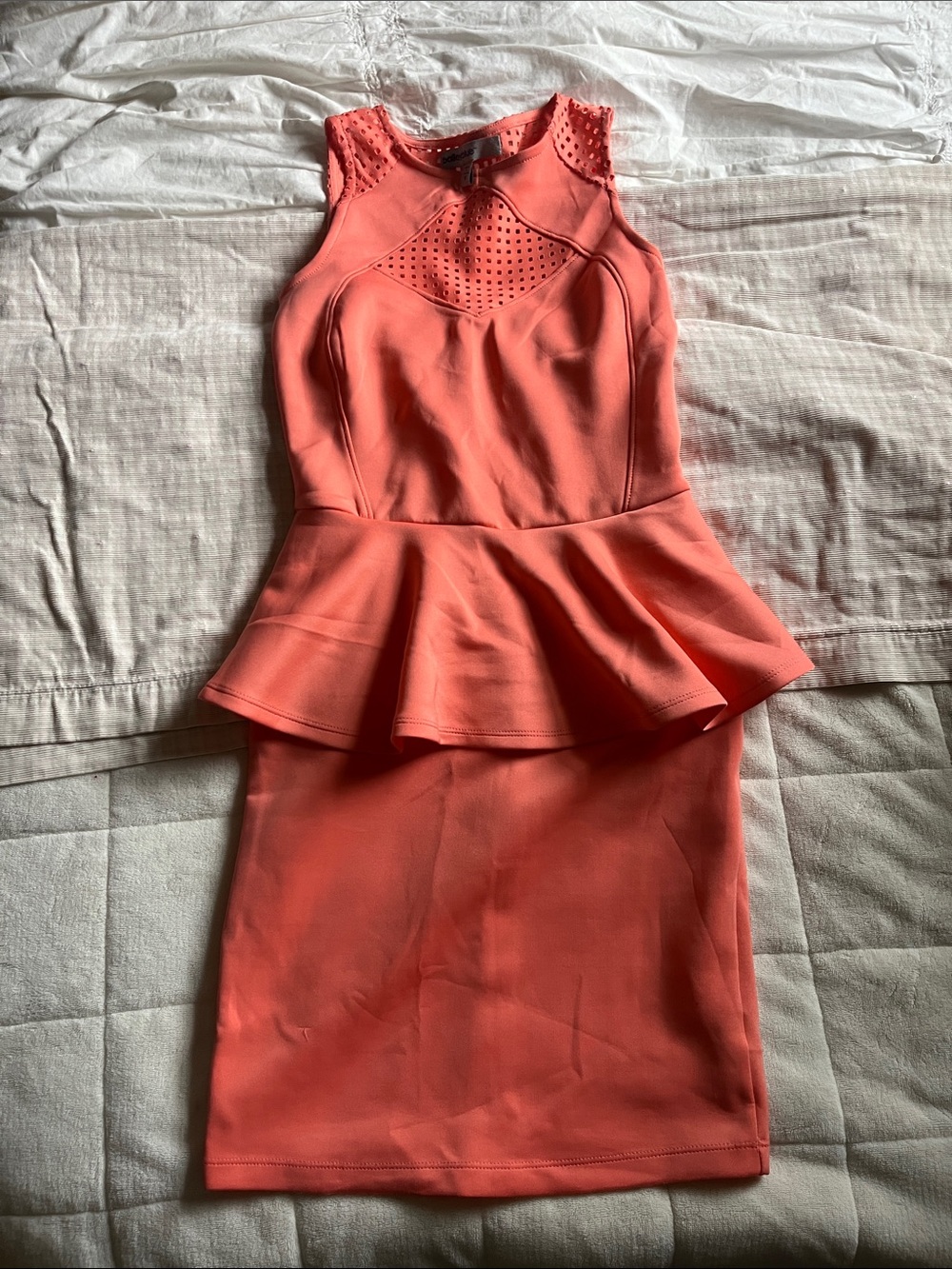 Laser cut Coral Peplum Midi Dress